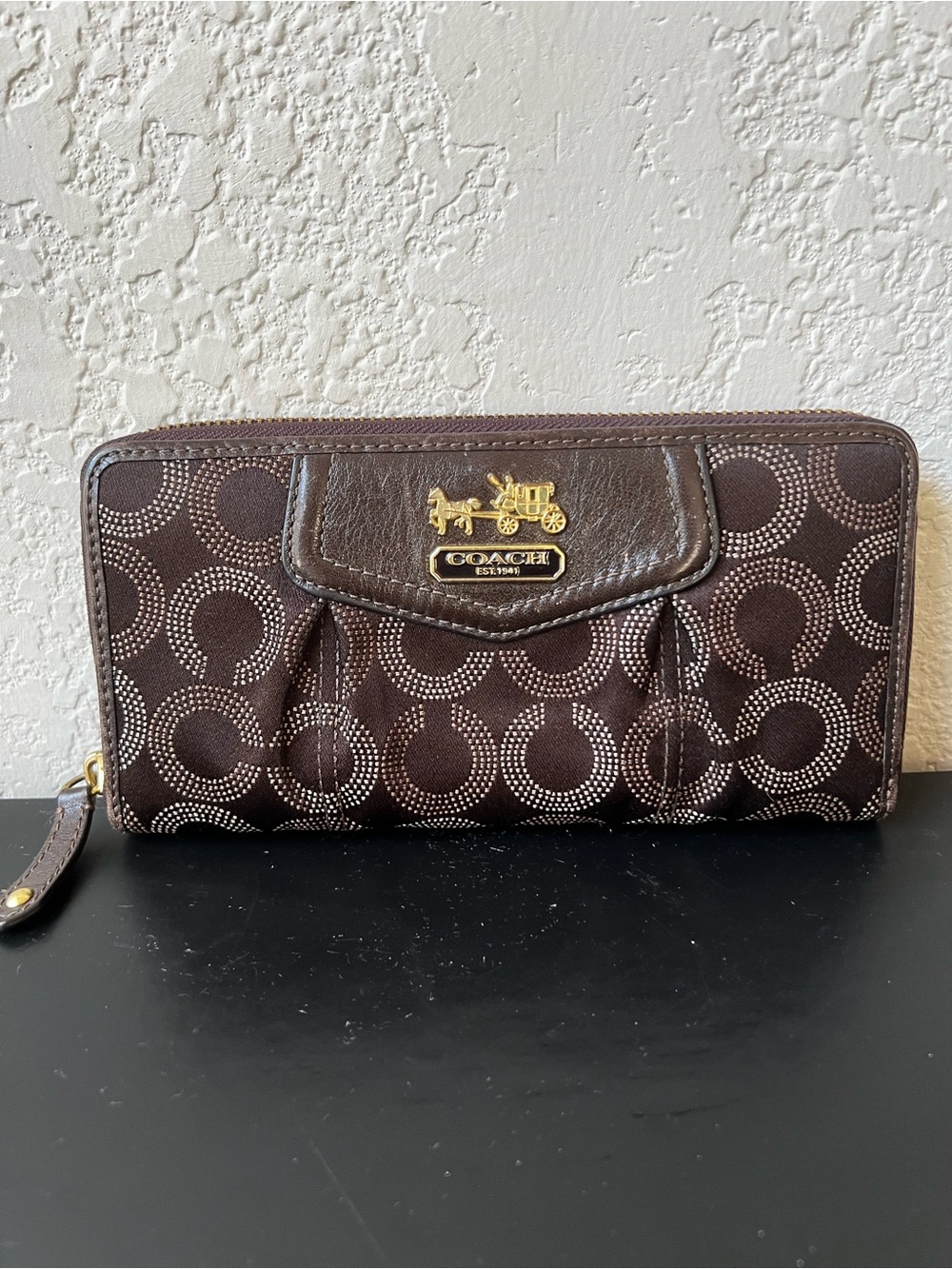 COACH Madison Dotted Signature Canvas Accordion Long Zip Wallet Brown & Gold
